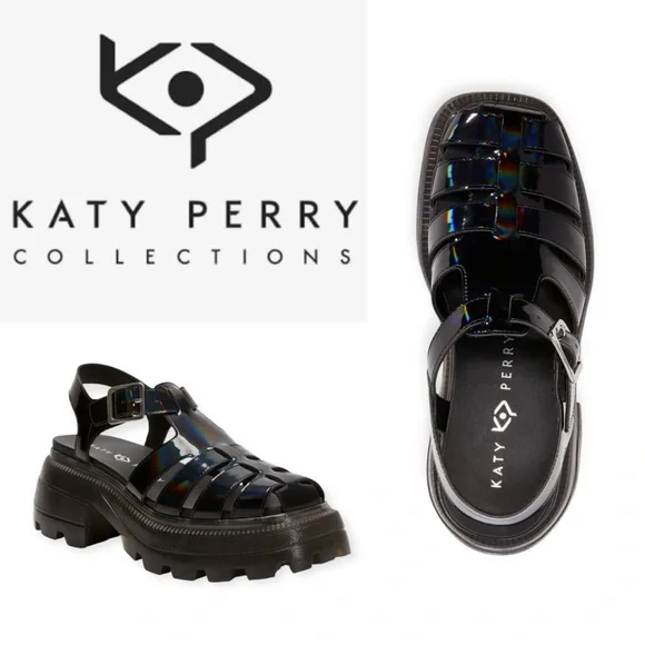 KATY PERRY THE GELI COMBAT BLACK HOLOGRAPHIC FISHERMAN PLATFORM SANDALS **NIB** - Picture 1 of 15